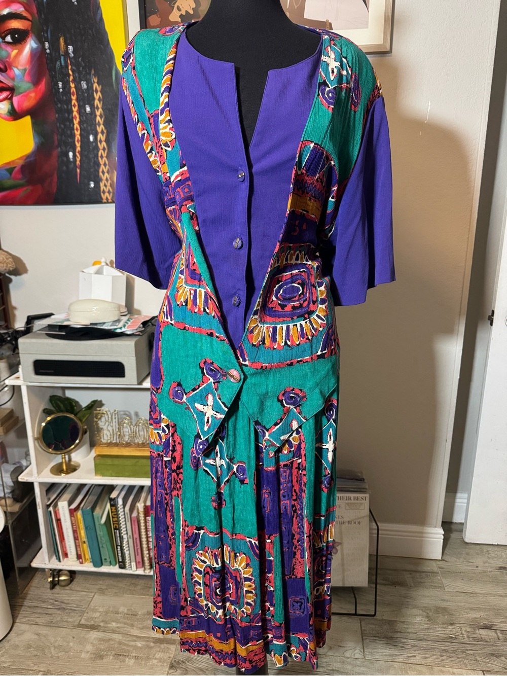 Vibrant Teal & Purple Patterned Button-Front Dress